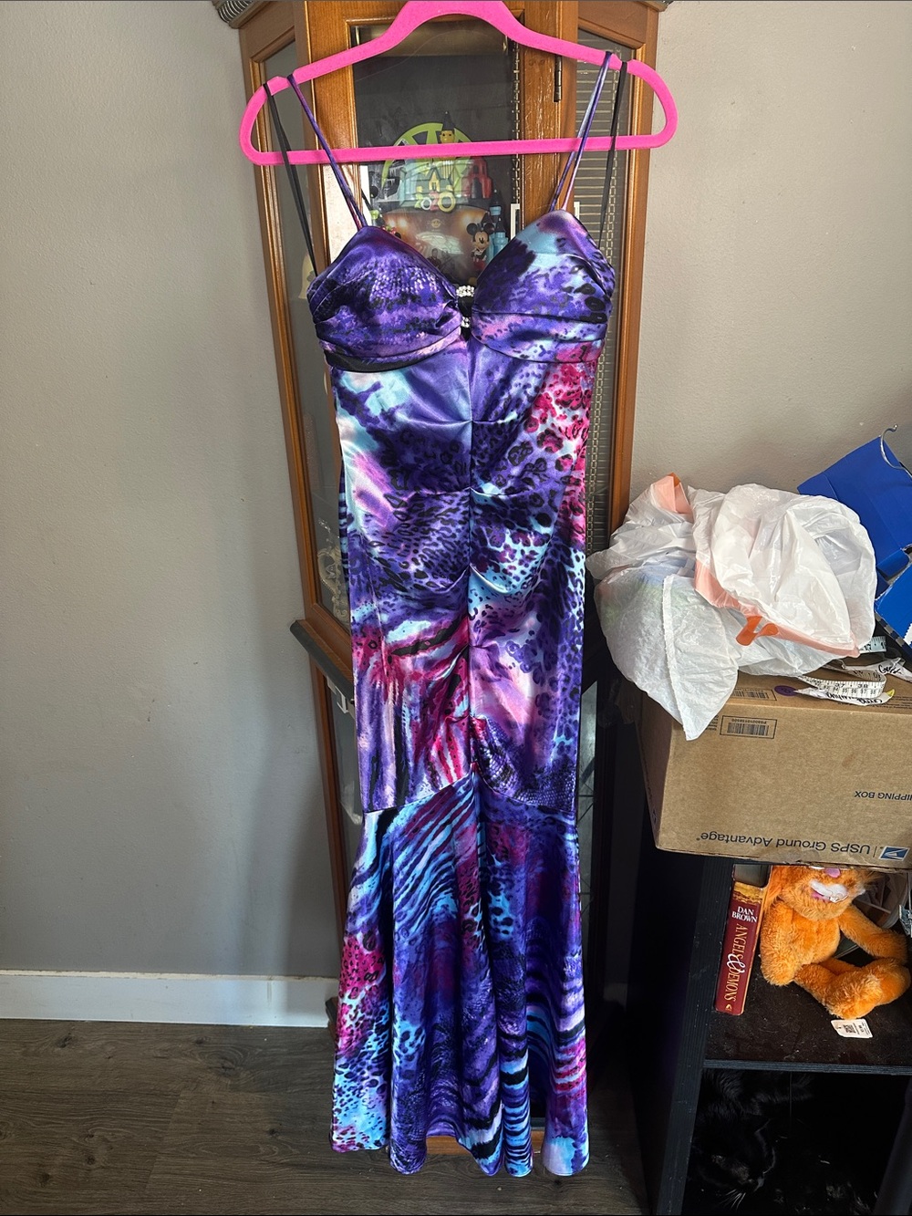 Blondie Nites Purple Multicolor Satin Strapless Slip Dress